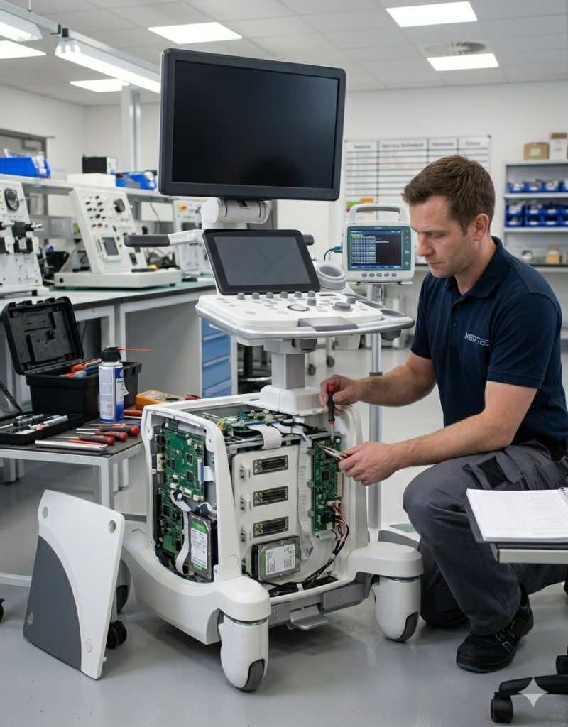 Técnico da Ocean Biotech realizando manutenção de ultrassom na bancada
